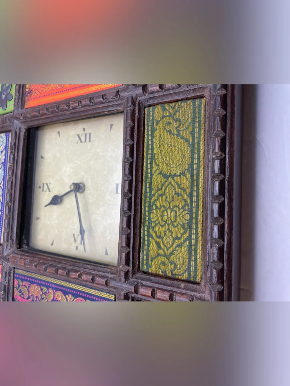 Case India Carved Wood Wall Clock Quartz Movement Bohemian Fabric (Working)